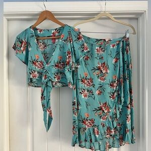 Turquoise Tropical Floral Two Piece Set - Tie Top & Skirt